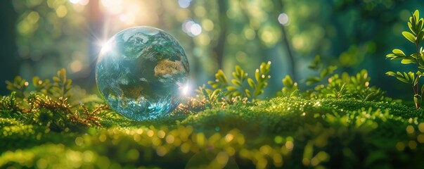 Obraz na płótnie Canvas Glass Earth on Mossy Forest Floor Symbolizing Environmental Care and Coexistence