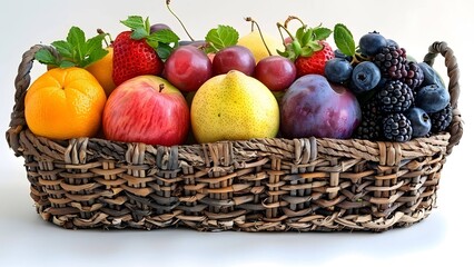 Cheerful fruits in a basket, isolated on white.