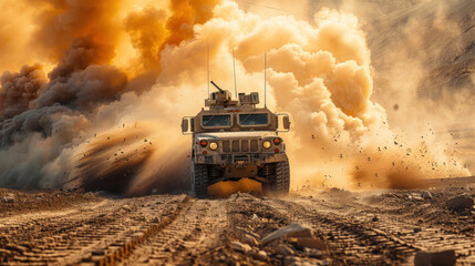 The desert battlefield features an armored vehicle maneuvering through minefields and smoke. - obrazy, fototapety, plakaty
