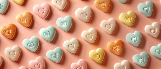 A pattern of candy hearts with sweet messages set against a pastel background for a playful vibe - obrazy, fototapety, plakaty