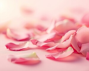 A soft pink background adorned with delicate rose petals