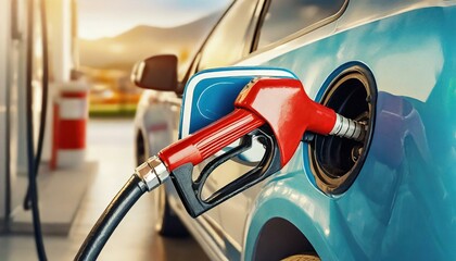  fueling up in at the gas station; gasoline red pump nozzle in hand man refilling his car. 