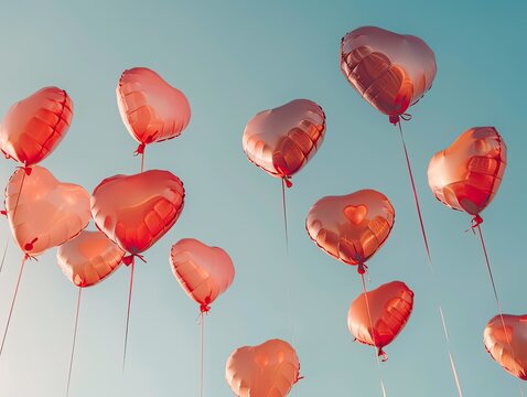 A pattern of heart-shaped balloons soaring against a clear blue sky