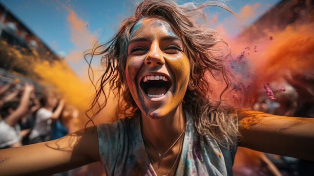 Young people exuberantly celebrate outside a summer festival in the daytime, their joyful laughter and colorful splashes echoing the spirit of the Holi festival.