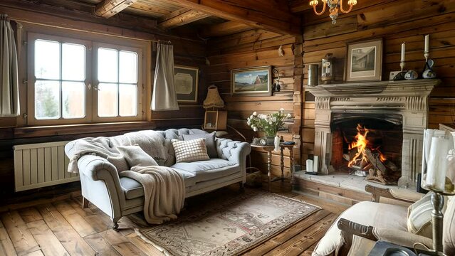Living room with fireplace inside a cozy old log cabin. seamless looping 4k time-lapse video background