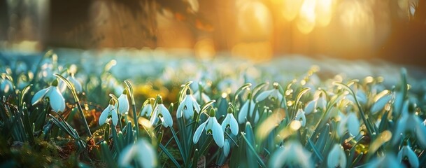 In early spring, snowdrops bloom in vast numbers on green grasslands, with sunlight shining through them and illuminating their delicate petals Generative AI