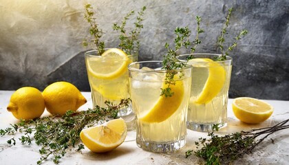 Glasses with lemon and thyme refreshing drink. high quality photo