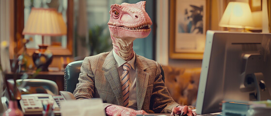 A pink dinosaur breaks the fashion norms in an office setting trends with business chic in a minimal tale of style minimalist - obrazy, fototapety, plakaty
