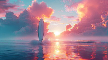 A surfboard sails across pastel clouds in a magic world where dreams shape reality and adventures unfold beyond the horizon cinematic. - obrazy, fototapety, plakaty