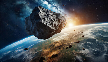 Huge asteroid in space flying towards planet earth. View from space.