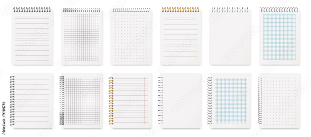 Aufkleber Notebooks with spiral binders. Vector isolated realistic open diary or pocketbooks with lines and grid for writing. Sketchbook or organizer, board or clean planner for office or school tasks