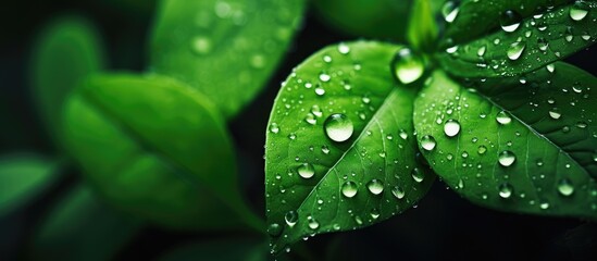 Close up of a terrestrial plant leaf glistening with water drops, showcasing the beauty of natures moisture on the vibrant green foliage - obrazy, fototapety, plakaty