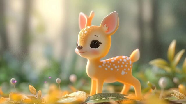 Adorable depiction of a cute little fawn in a whimsical forest scene. Seamless looping 4k timelapse virtual video animation background generated AI 
