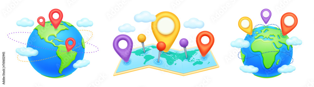 Wall mural earth map with navigation points, traveling pins. vector globe planet with destinations, 3d design v