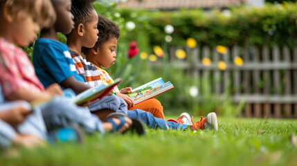 A diverse group of preschool children sits together in the garden, happily reading their books