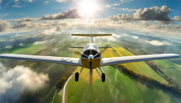 Front view of small private propeller airplane flying in the clouds, backlit with sunbeams in the background. Aerial view of a plain with green cultivated fields among the white clouds. Generative Ai