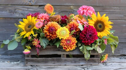 Burst of Color with Sunflowers, Dahlias & Peonies in Wooden Crate. Top View.