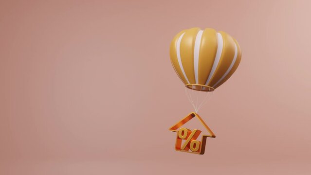 Mortgage interest rates going up. 3D house with percentage rise by balloon floating. Economic inflation rise in interest rates financial graph percentage concept. Investment opportunity. 3d animation