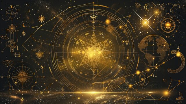 Mystical Astrology Chart with Planetary Icons and Stars