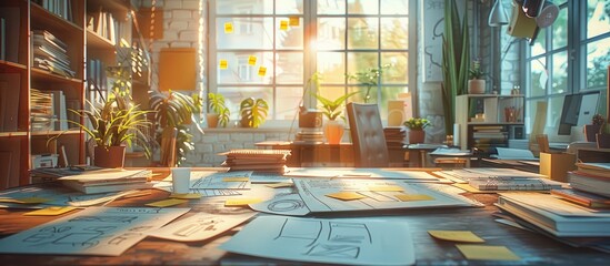 Innovative Mind at Work: Sunlit Office Brimming with Design Sketches and User Interface Concepts