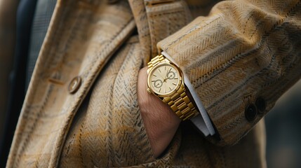 a man in a classic black suit wears a classic gold watch - obrazy, fototapety, plakaty