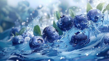 Blueberries sinking into water with air bubbles - obrazy, fototapety, plakaty