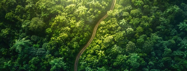 an aerial shot, revealing a dense Pacific forest with a solitary path meandering through it under full light.