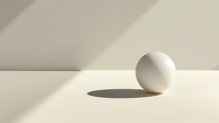 Ultra-minimalist 3D scene with a single, perfect sphere casting a long shadow on a clean, light-colored background, emphasizing space and form, with copy space to the left