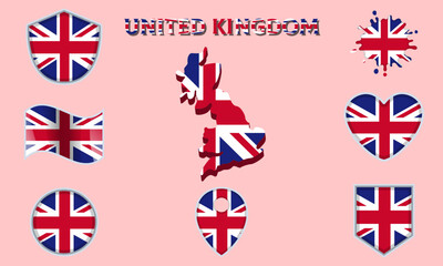 Collection of flat national flags of United Kingdom with map