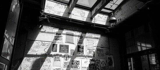 High-Contrast Doodles - Industrial Space Adorned with Posters and Graffiti Art Basking in Sunlight