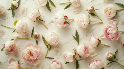 beautiful fresh peonies resting on a light milky cyclorama in a top-down view, offering plenty of uncluttered space for text.