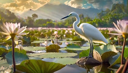 Fototapeta premium Little Egret in the Lotus Pond high quality photo 
