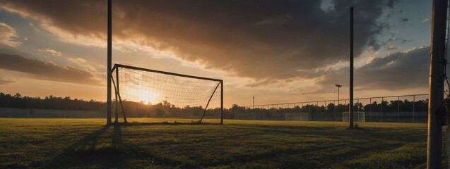 Abandoned soccer field, goalposts standing tall against the backdrop of a setting sun, the only spectators the chirping of birds in the distance.