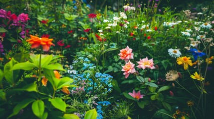 Vibrant Flower Garden with Roses, Daisies, and Lilies Wide-Angle View.