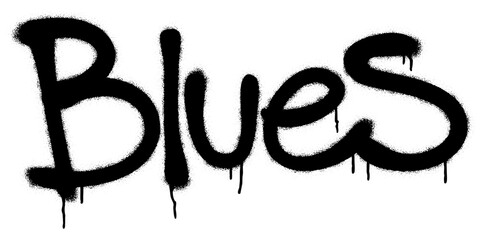 Spray graffiti word BLUES over white. Musical genre concept.