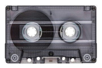 Transparent cassette tape with visible inner parts isolated