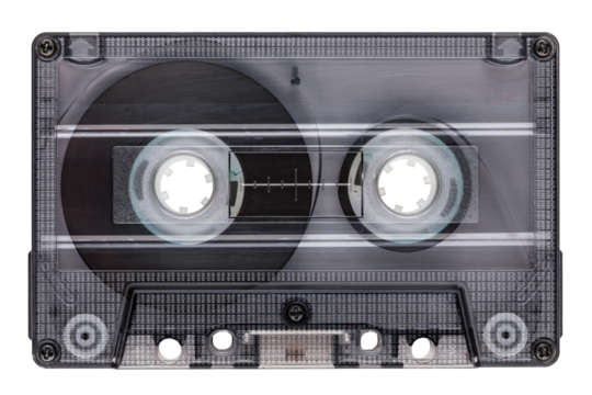 Transparent cassette tape with visible inner parts isolated