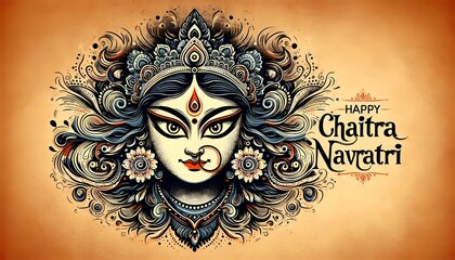 Grunge illustration for chaitra navratri with stylized face of goddess durga. - obrazy, fototapety, plakaty