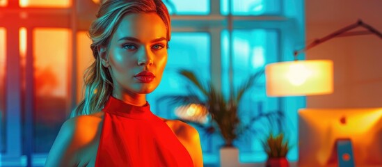 Obraz na płótnie Canvas Powerful Woman CEO in Vibrant Red Dress, Exuding Confidence in a Cinematic Portrait with Bold Lighting and Modern Office Backdrop