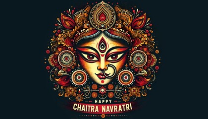 Happy chaitra navratri card in grunge style with stylized face of goddess durga. - obrazy, fototapety, plakaty