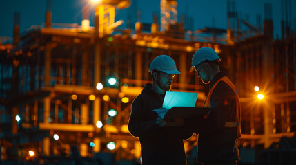Two construction professionals in hard hats engaged in reviewing a document on a backlit industrial site.