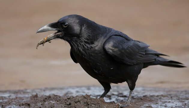 A Crow With Its Beak Covered In Mud From Digging