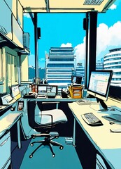 Cartoon style illustration of interior of a modern and ergonomic office. Japan.