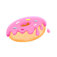 Pink donut isolated on white background. Donut in pink glaze with a sprinkle of multicolored chocolate. Vector illustration