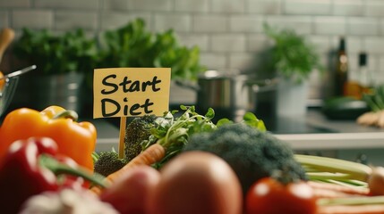 fresh vegetables and fruits neatly arranged on a white table in a modern kitchen, with a Start Diet message on a sticky note.