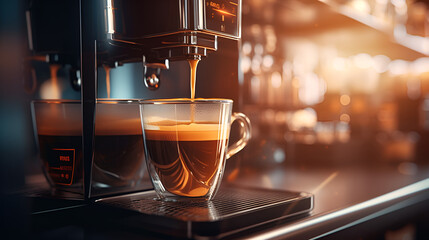  Cup of coffee being drained by espresso brewing machine, 

