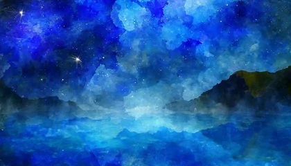 Fotobehang Donkerblauw 夢の風景_夜の海と空