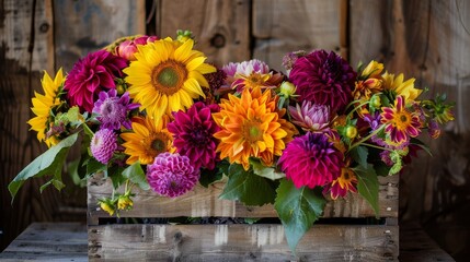 Rustic Wooden Crate with Sunflowers, Dahlias & Peonies. Top-Down Shot.