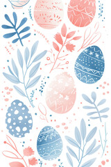 Assortment of pastel blue and pink easter eggs with floral patterns