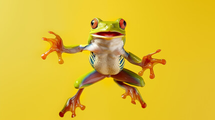 An Amazonian tree frog leaps high into the air, captured in vibrant action against a yellow background, showcasing its agile motion